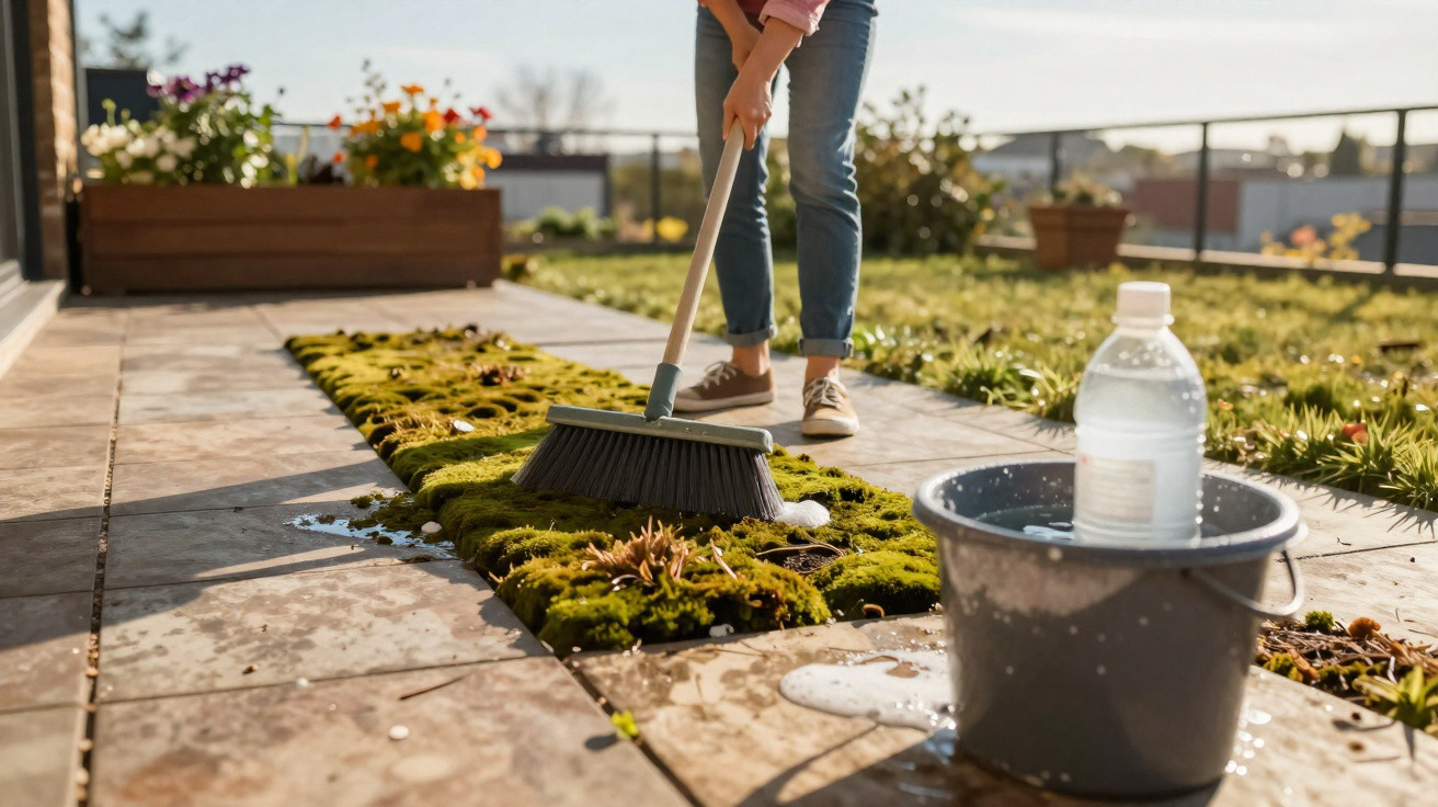 Person sweeping moss and leaves from patio tiles with a broom beside a bucket and water bottle in sunlight.