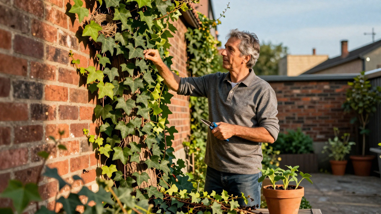 Middle-aged man trimming ivy growing on a brick wall in a sunlit garden patio.