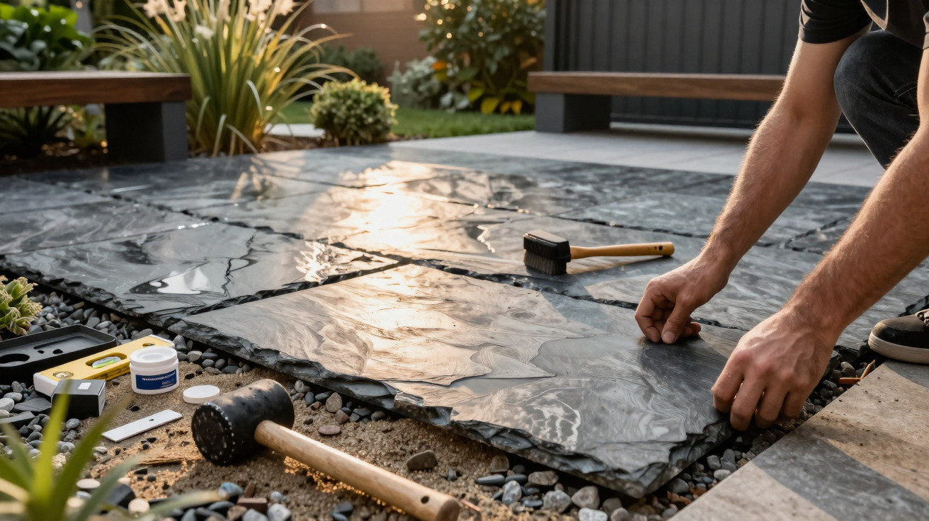 Person installing large slate paving stones on gravel in a garden during daylight.