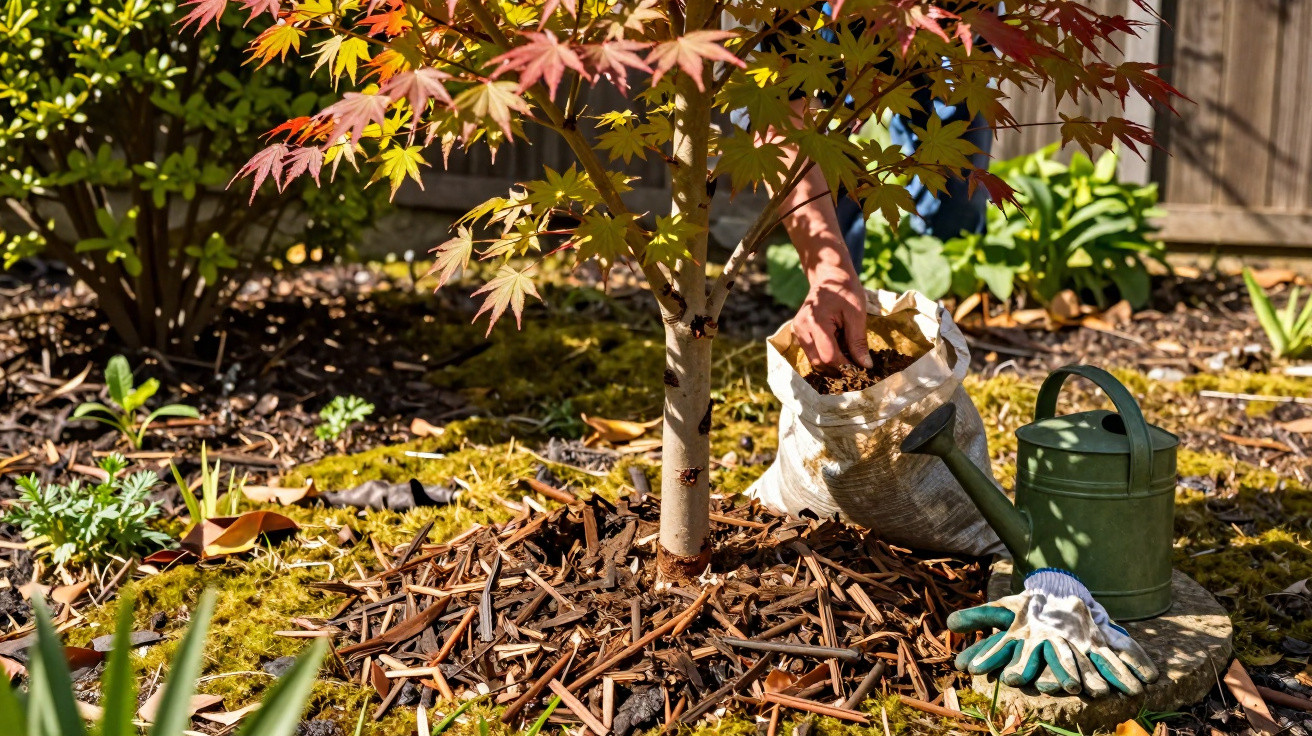 Hand adding mulch around the base of a small tree with a watering can and gardening gloves nearby.