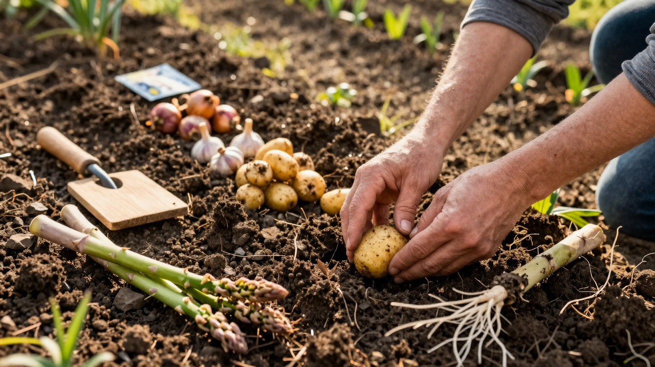 Hands planting potatoes in soil with gardening tools, asparagus, garlic, and onions nearby in garden.