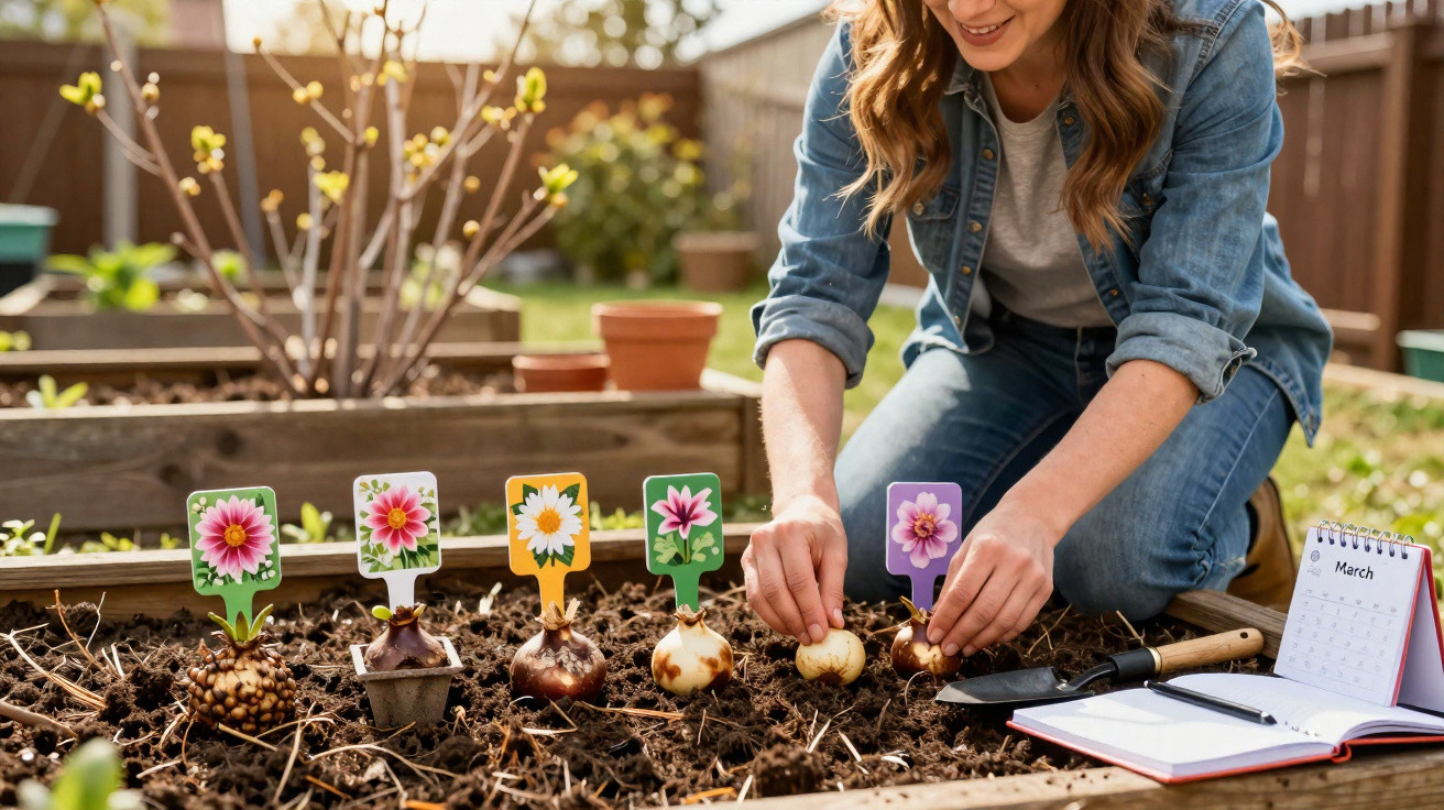 Woman planting flower bulbs in garden bed with labels and garden calendar in sunlight.