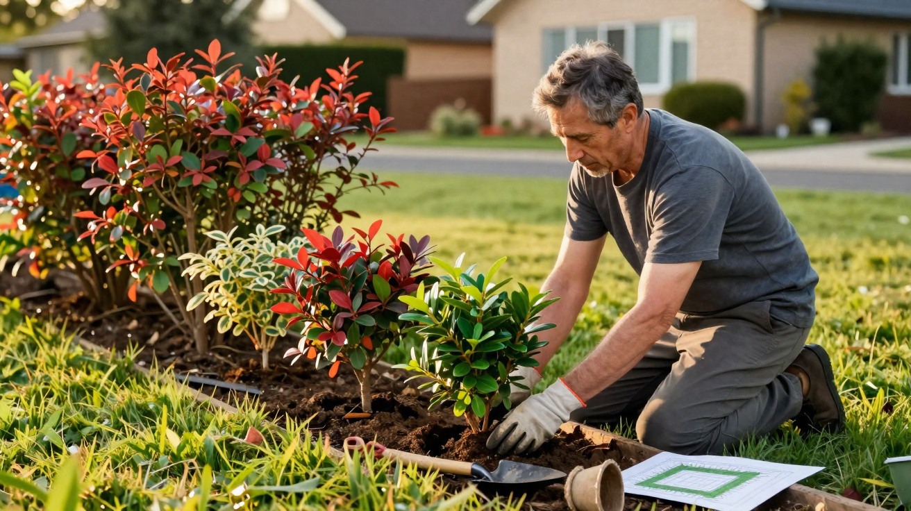 Man planting small shrubs in a garden bed, kneeling on grass in a suburban neighbourhood during daylight.