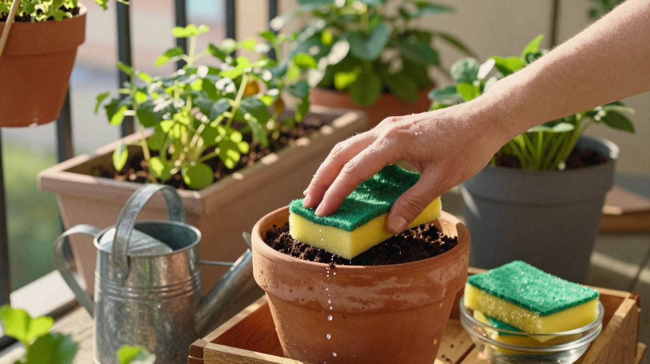 Hand watering plant soil with a damp green and yellow sponge on a balcony garden with potted plants.