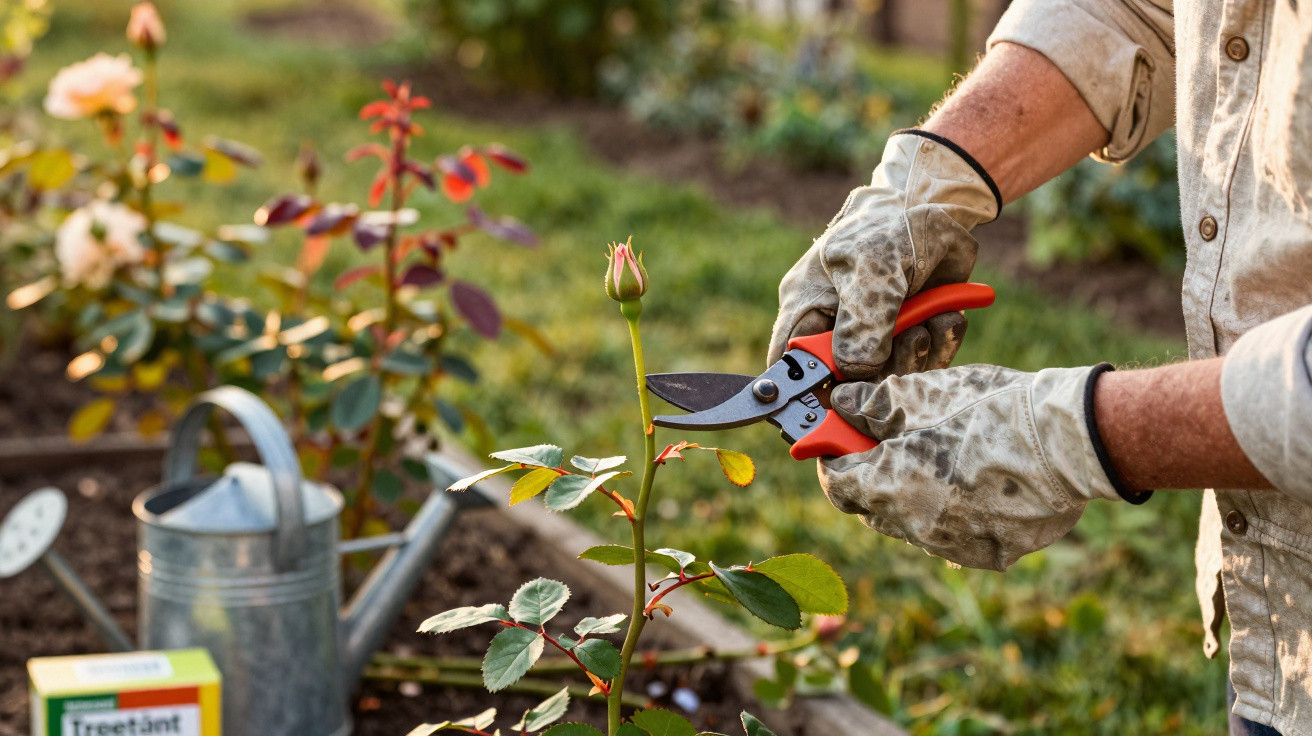 Person wearing gloves pruning a rose plant with garden shears in a sunny garden.