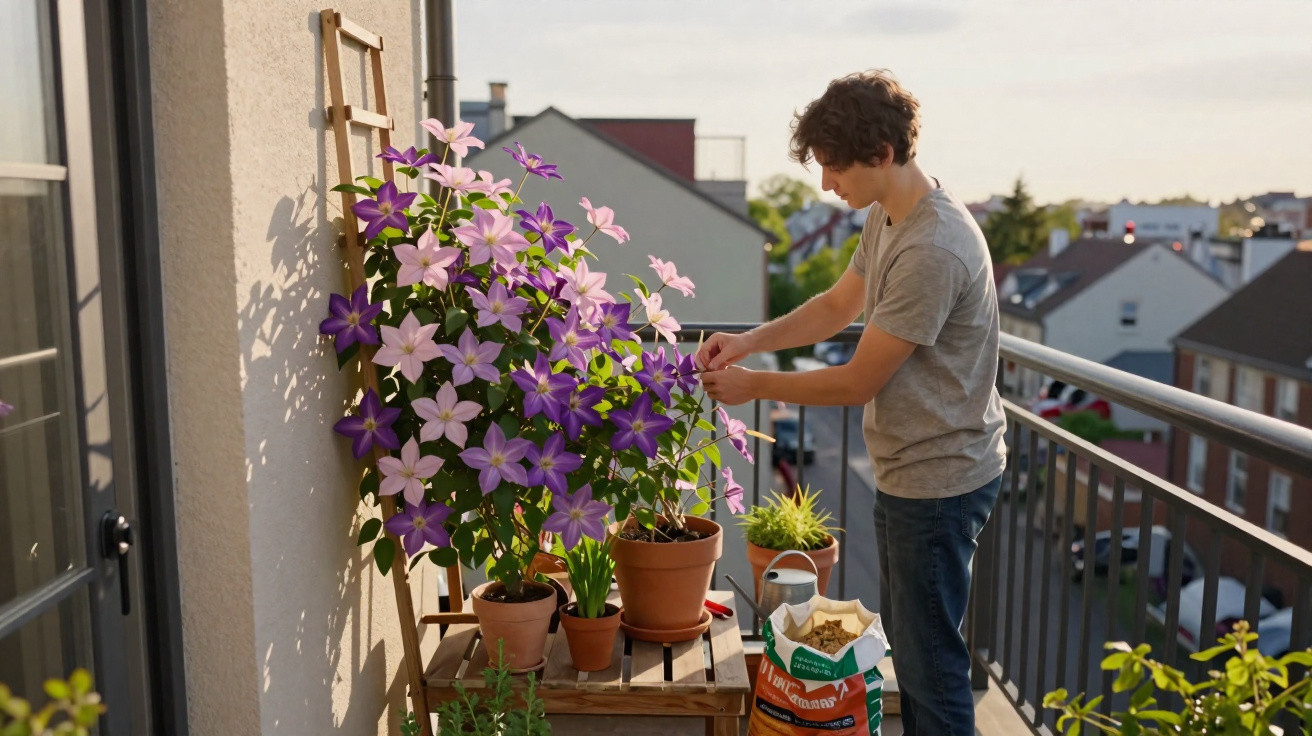 Person tending to purple and pink clematis flowers on a balcony garden at sunset.