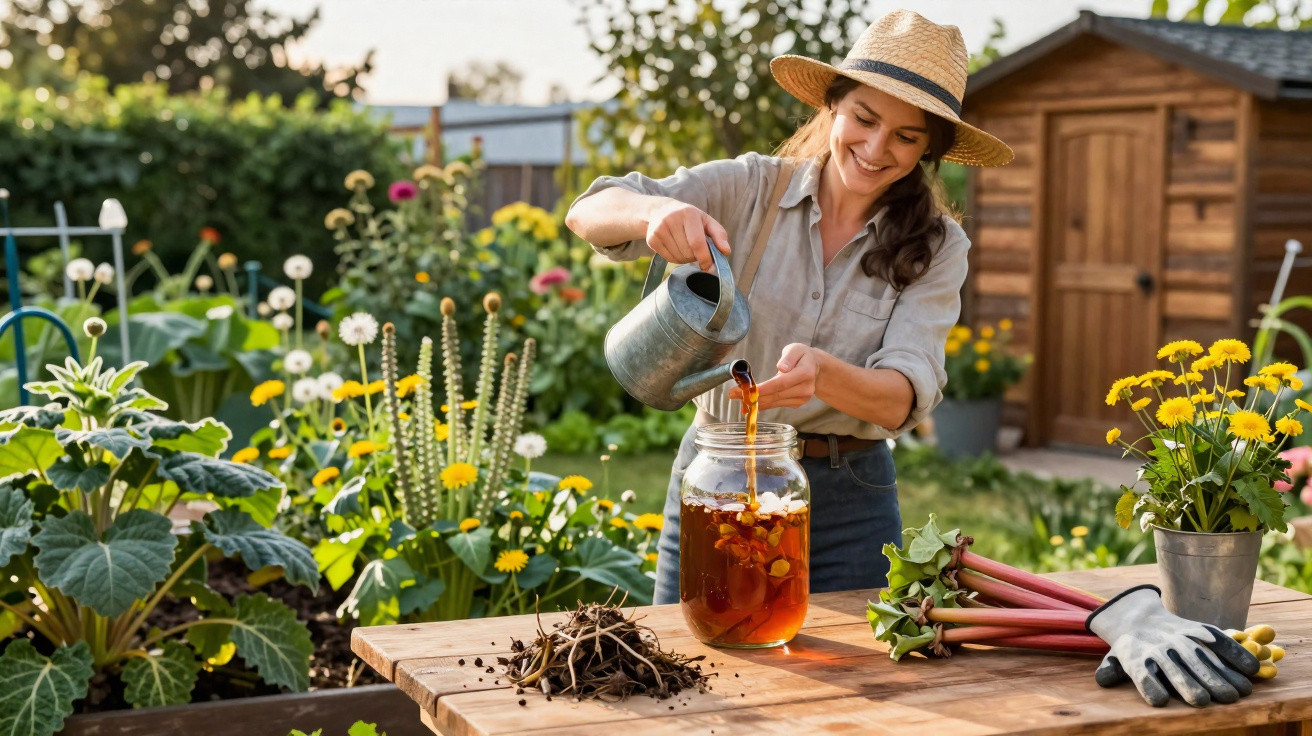Woman wearing a straw hat pouring liquid from a watering can into a jar on a wooden table in a garden.