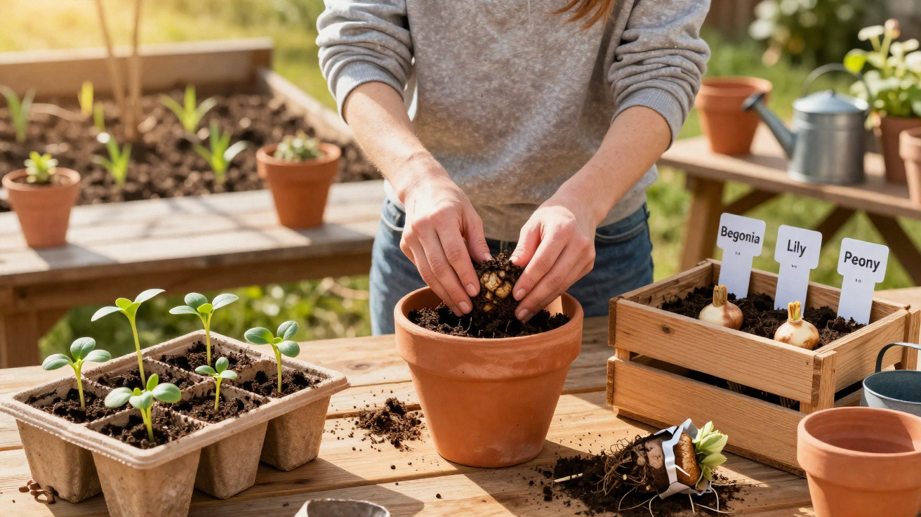 Person planting a bulb in a terracotta pot on a wooden table with seedlings and labelled flower bulbs nearby.