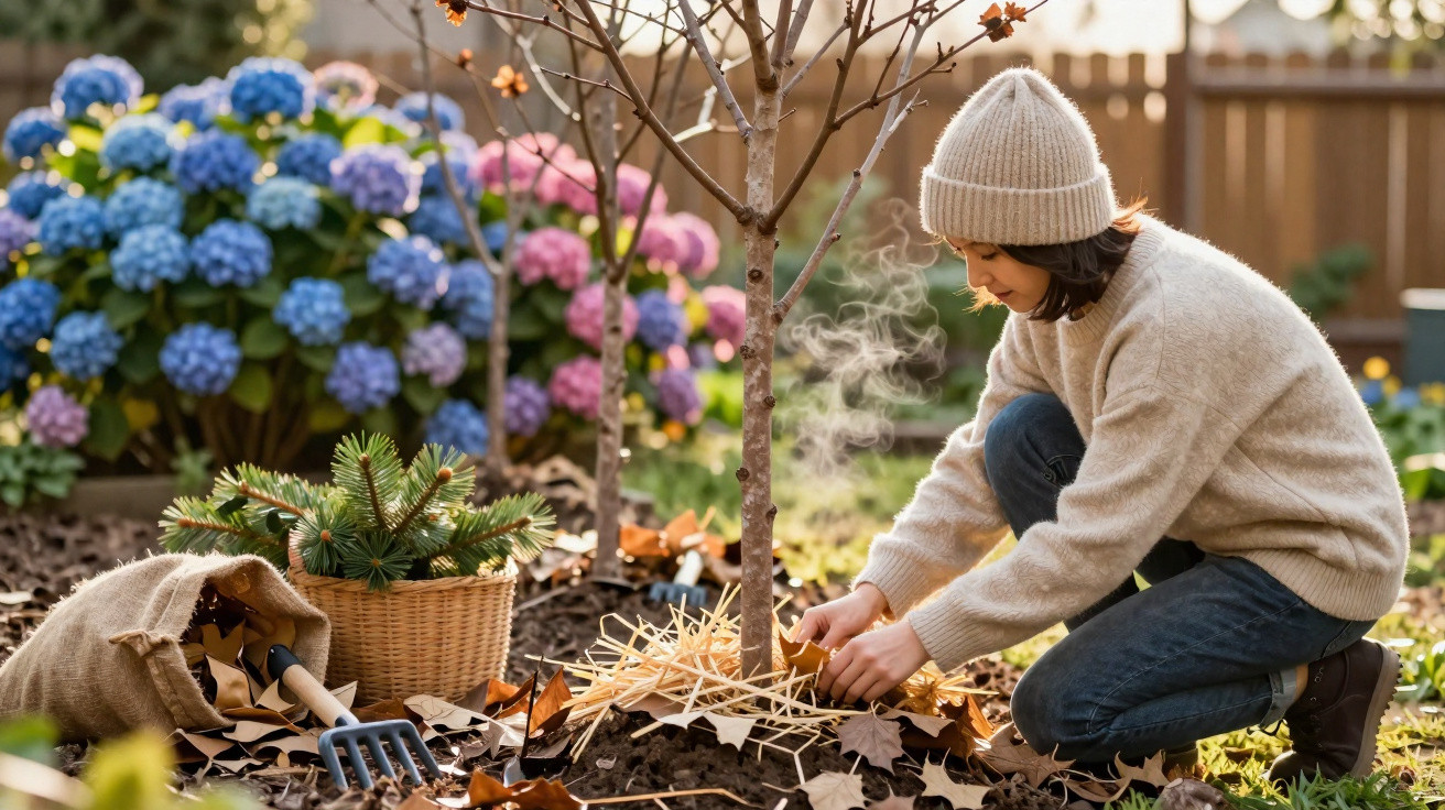 Woman in winter clothes mulching soil around tree in garden with blooming hydrangeas in background