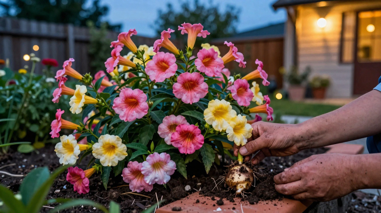 Hands planting a colourful flowering plant with pink and yellow trumpet-shaped flowers in a garden bed at dusk.