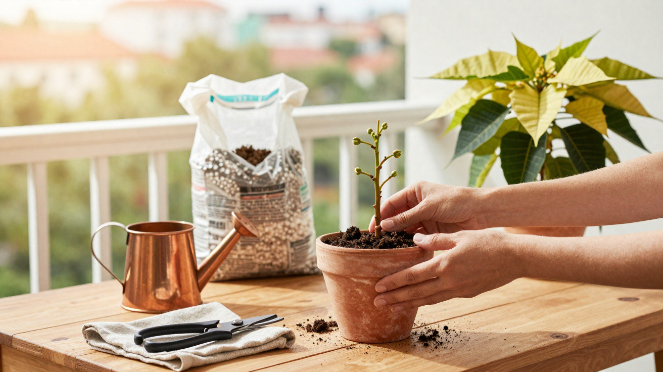 Person planting a small seedling in a terracotta pot on a wooden table with gardening tools nearby.