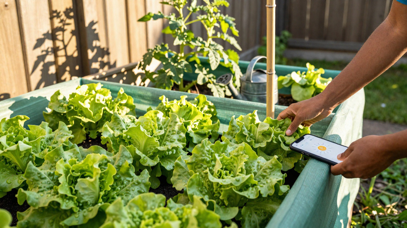 Person using a smartphone to check a gardening app beside fresh green lettuce in a raised garden bed outdoors.