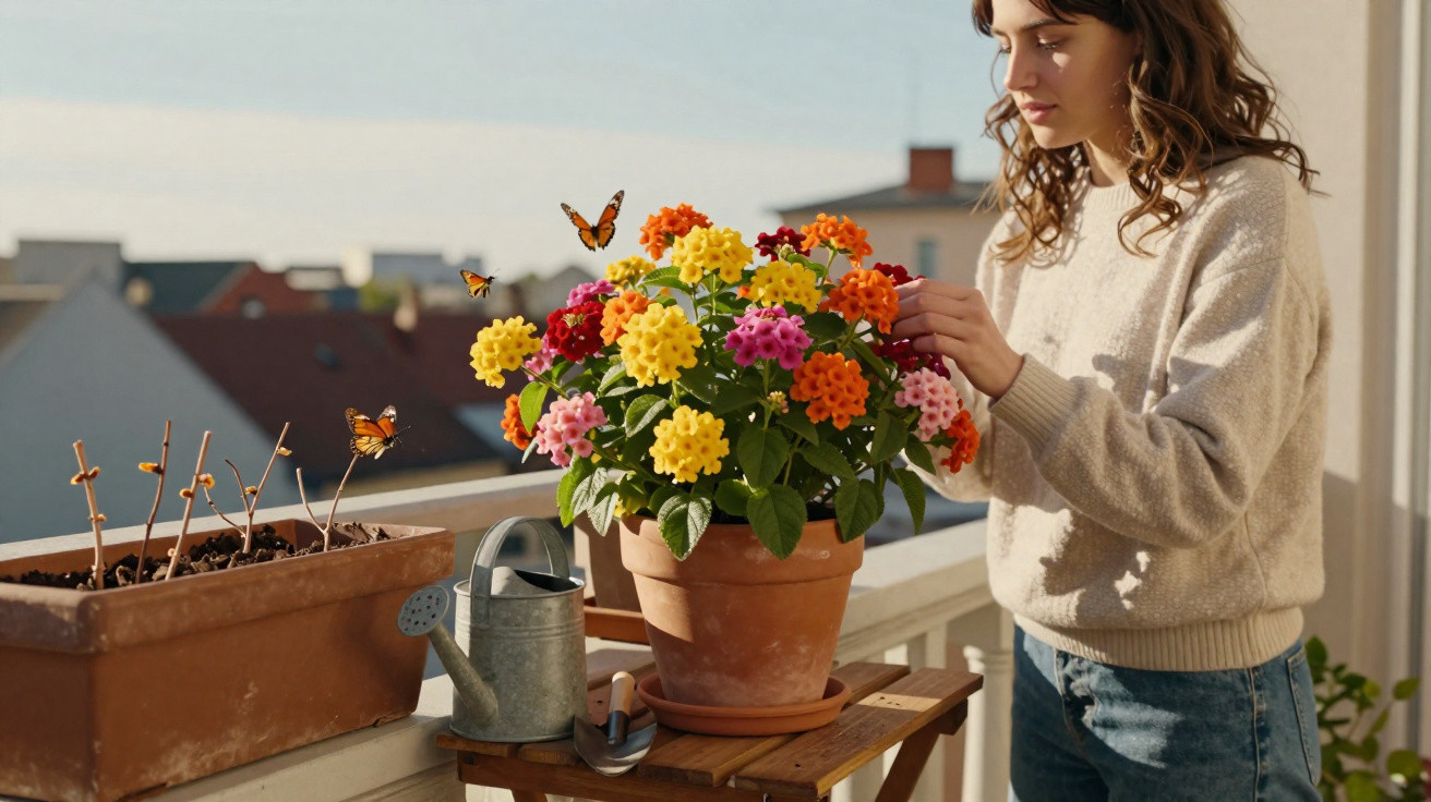 Woman tending colourful flowering plant on sunny balcony with watering can and butterflies nearby