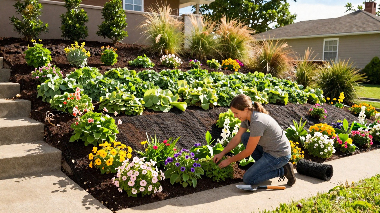 Woman kneeling and gardening on a flowerbed with colourful flowers and plants beside a house on a sunny day.