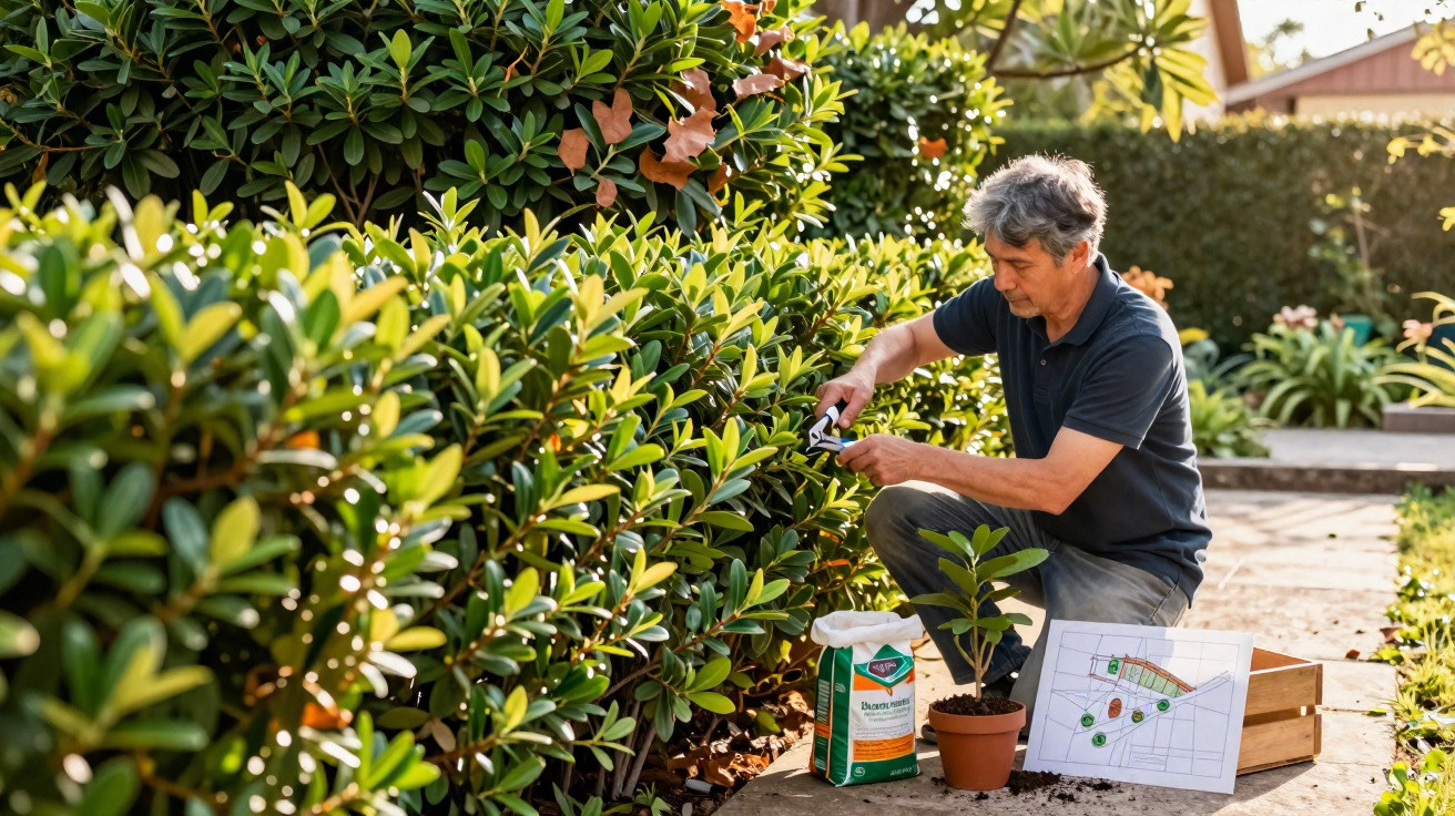 Man kneeling while pruning dense green bushes with gardening tools in a sunny garden setting.