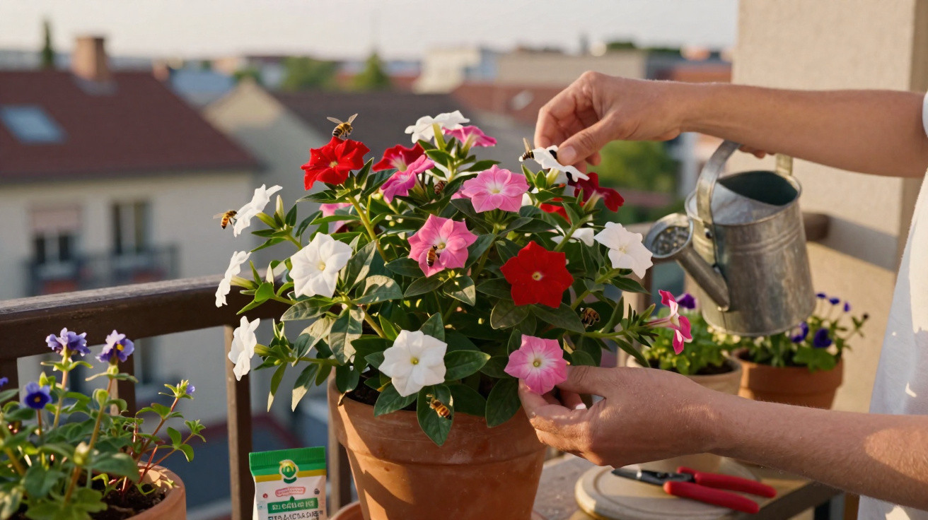 Person watering and tending colourful petunias in a terracotta pot on a balcony with bees flying nearby.