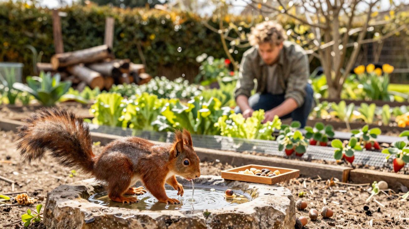 Red squirrel drinking water from a stone birdbath in a garden, with a person gardening in the background.