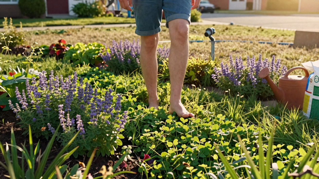 Barefoot person in shorts standing in a green garden bed with purple flowers and gardening tools nearby.