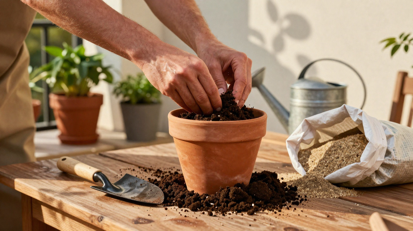 Hands planting soil into a terracotta pot on a wooden table with gardening tools and supplies nearby.