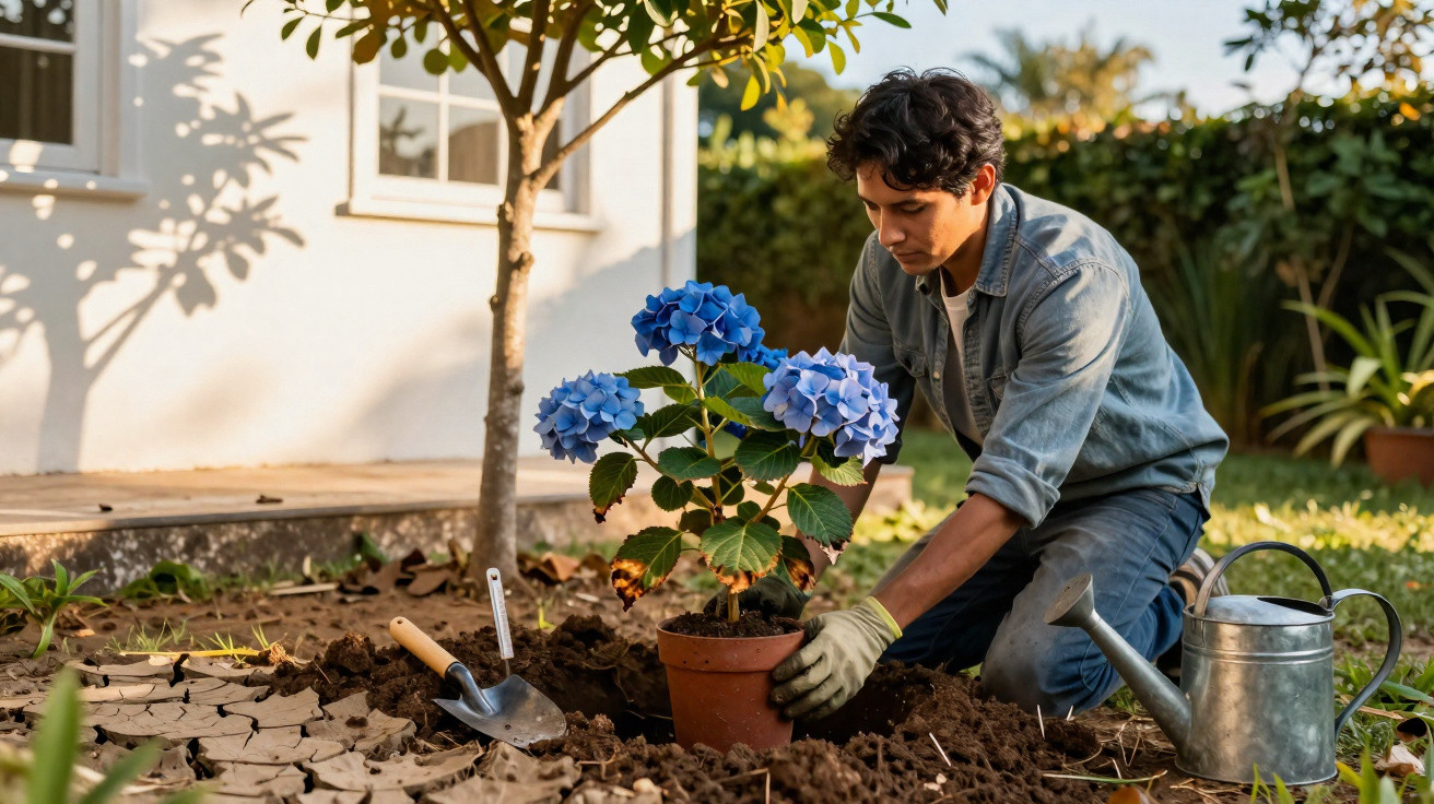 Man planting blue hydrangea in garden soil next to a tree with gardening tools nearby in daylight.