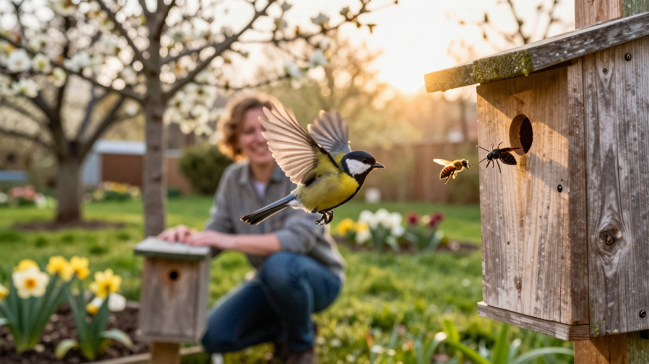 Great tit bird flying near a wooden birdhouse with a person gardening in the background.