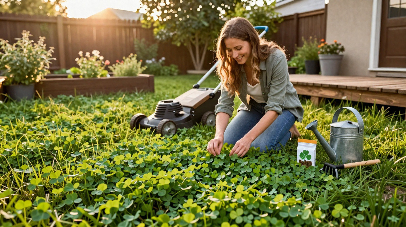 Woman gardening in backyard with plants, lawnmower, watering can, and gardening tools on a sunny day.