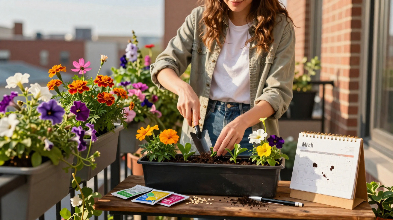 Person planting flowers in a black planter on a balcony table with seed packets and a March calendar.