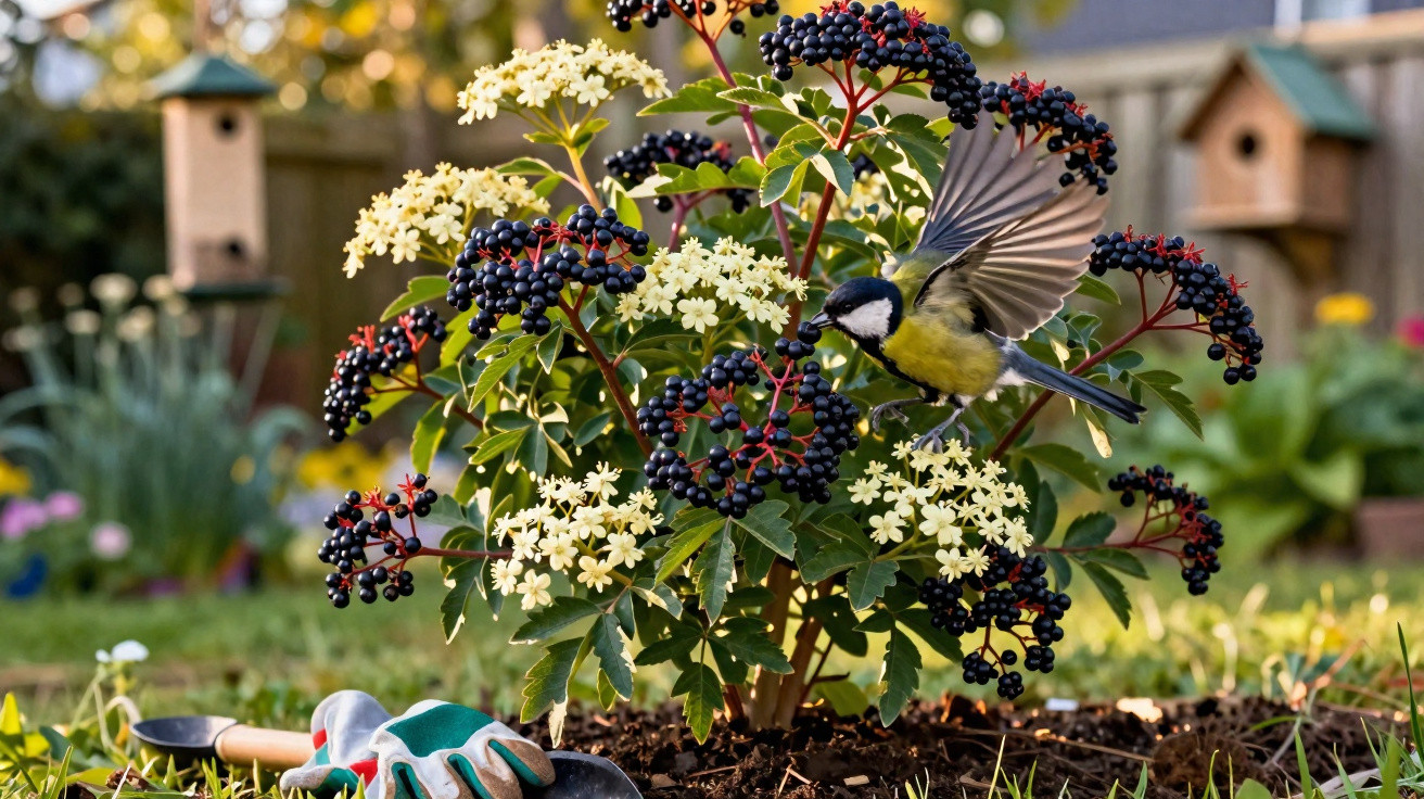 Great tit bird feeding on elderberry bush flowers in a garden with gardening gloves and trowel nearby.