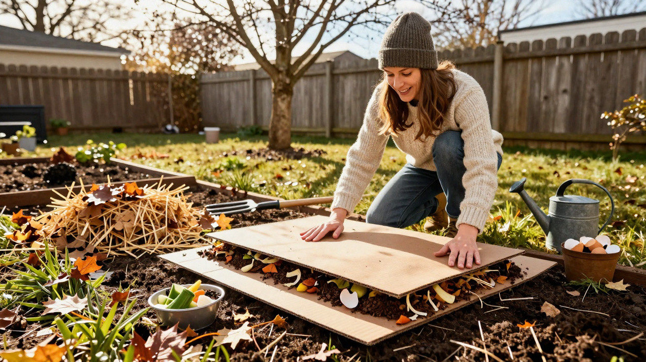 Woman preparing a sheet mulch garden bed with cardboard and organic waste in a sunny backyard garden.