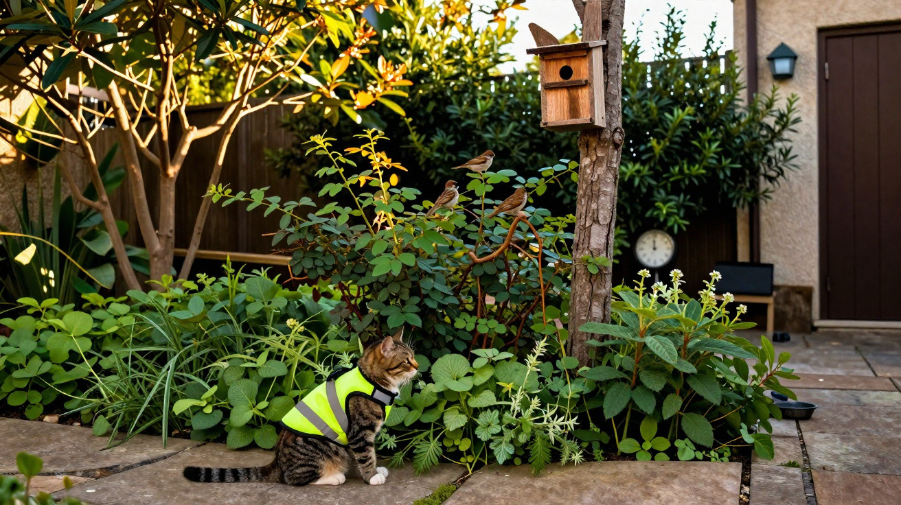 Tabby cat wearing a yellow safety vest sitting on a stone path near bushes and a birdhouse with birds nearby.