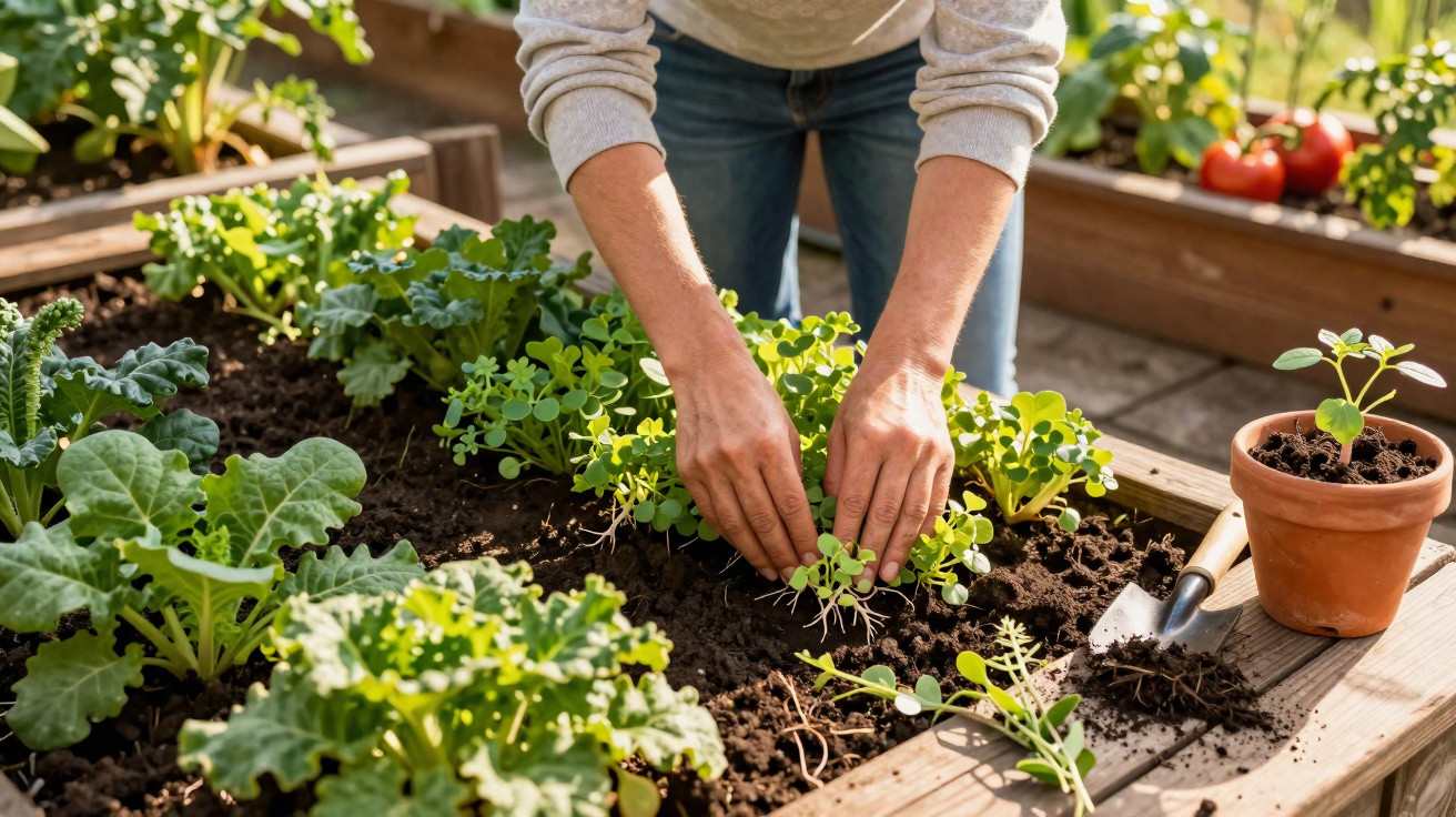 Person planting seedlings in a raised garden bed with gardening tools and a potted plant nearby.