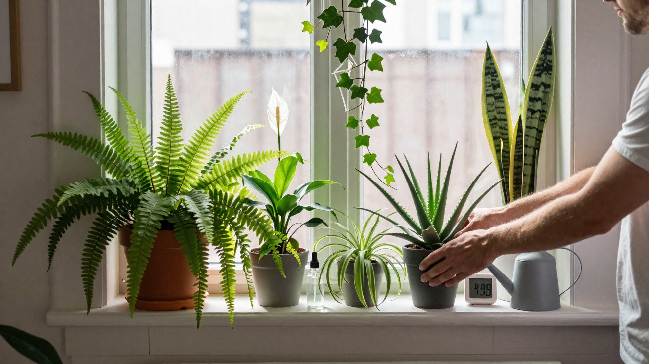 Person tending to various potted green houseplants on a bright window sill with a watering can and thermometer.