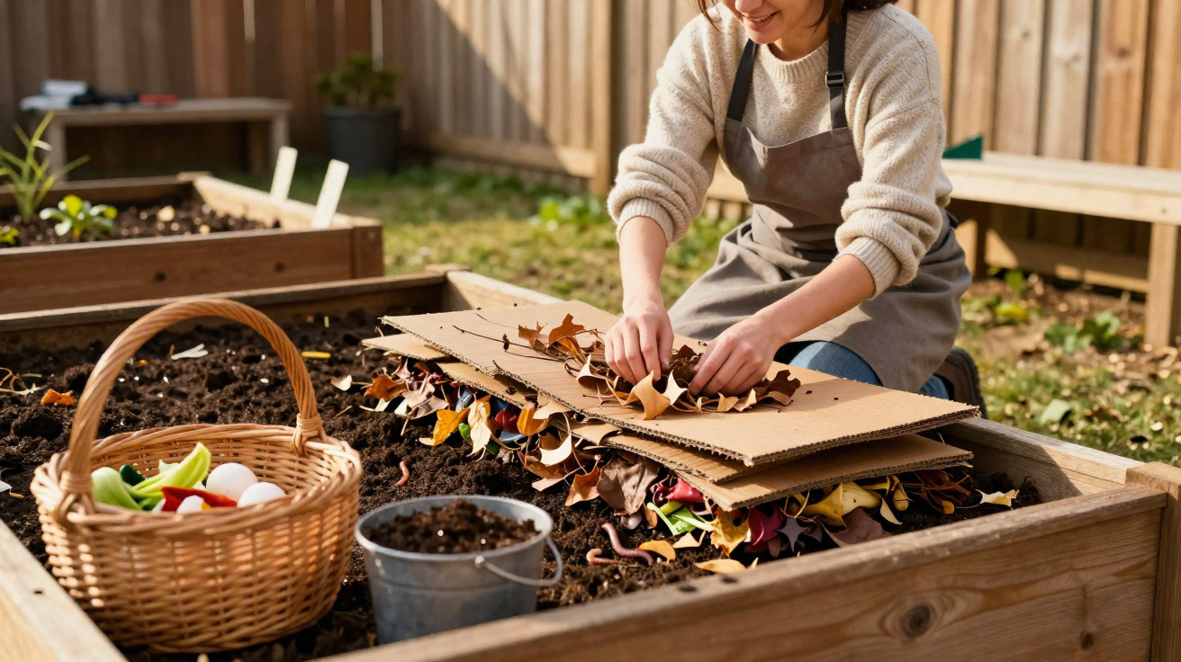 Person layering cardboard and leaves in a raised garden bed for composting or mulch in a backyard garden.