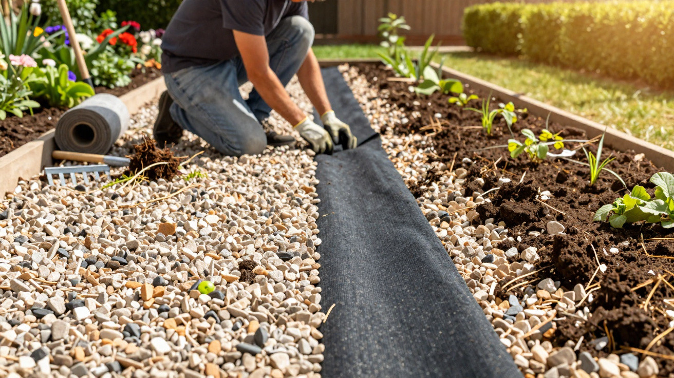 Person laying black landscaping fabric on garden bed surrounded by soil, plants, and gravel on a sunny day.