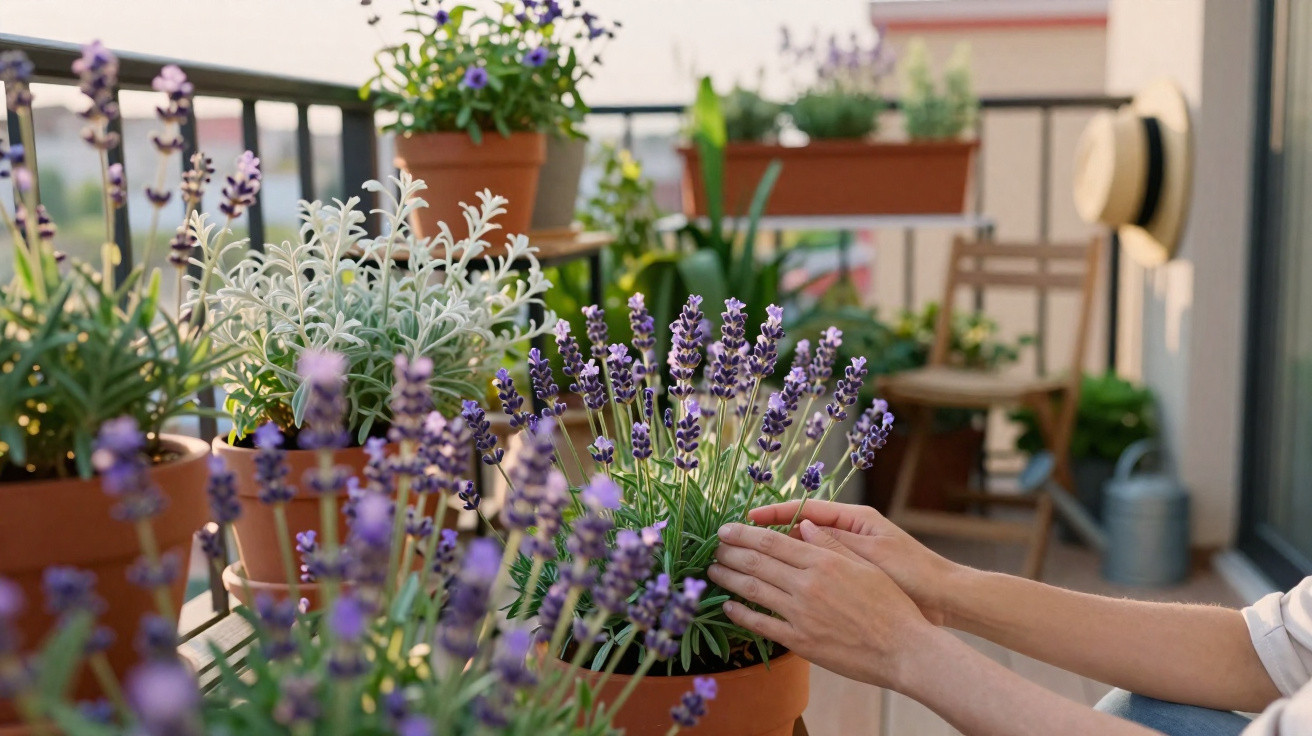 Hands gently touching blooming lavender in terracotta pots on a sunny balcony with various plants.