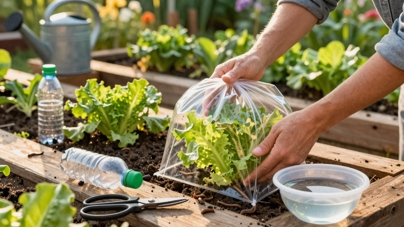 Hands covering lettuce seedlings with a plastic dome in a raised garden bed surrounded by gardening tools.