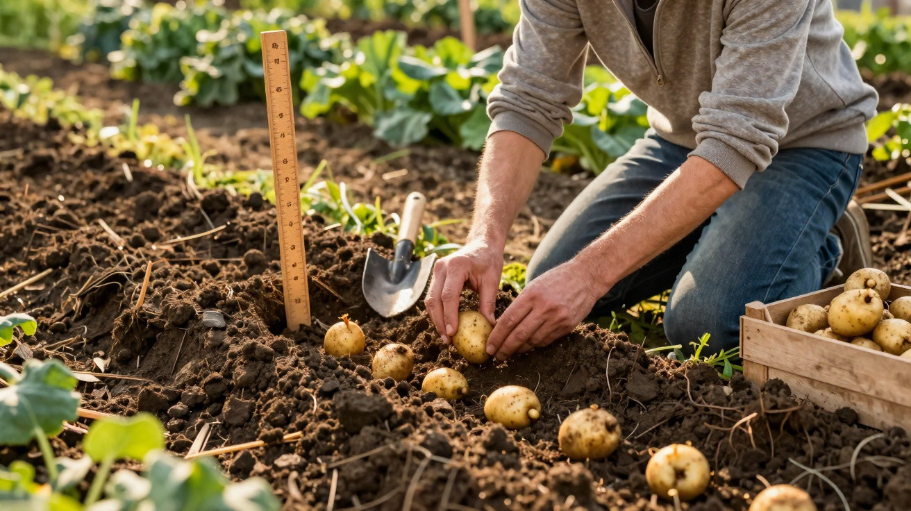 Person harvesting freshly dug potatoes from soil in a vegetable garden with a wooden crate nearby.