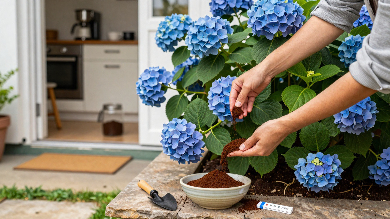 Person testing soil pH near blooming blue hydrangea plant outside a kitchen doorway.