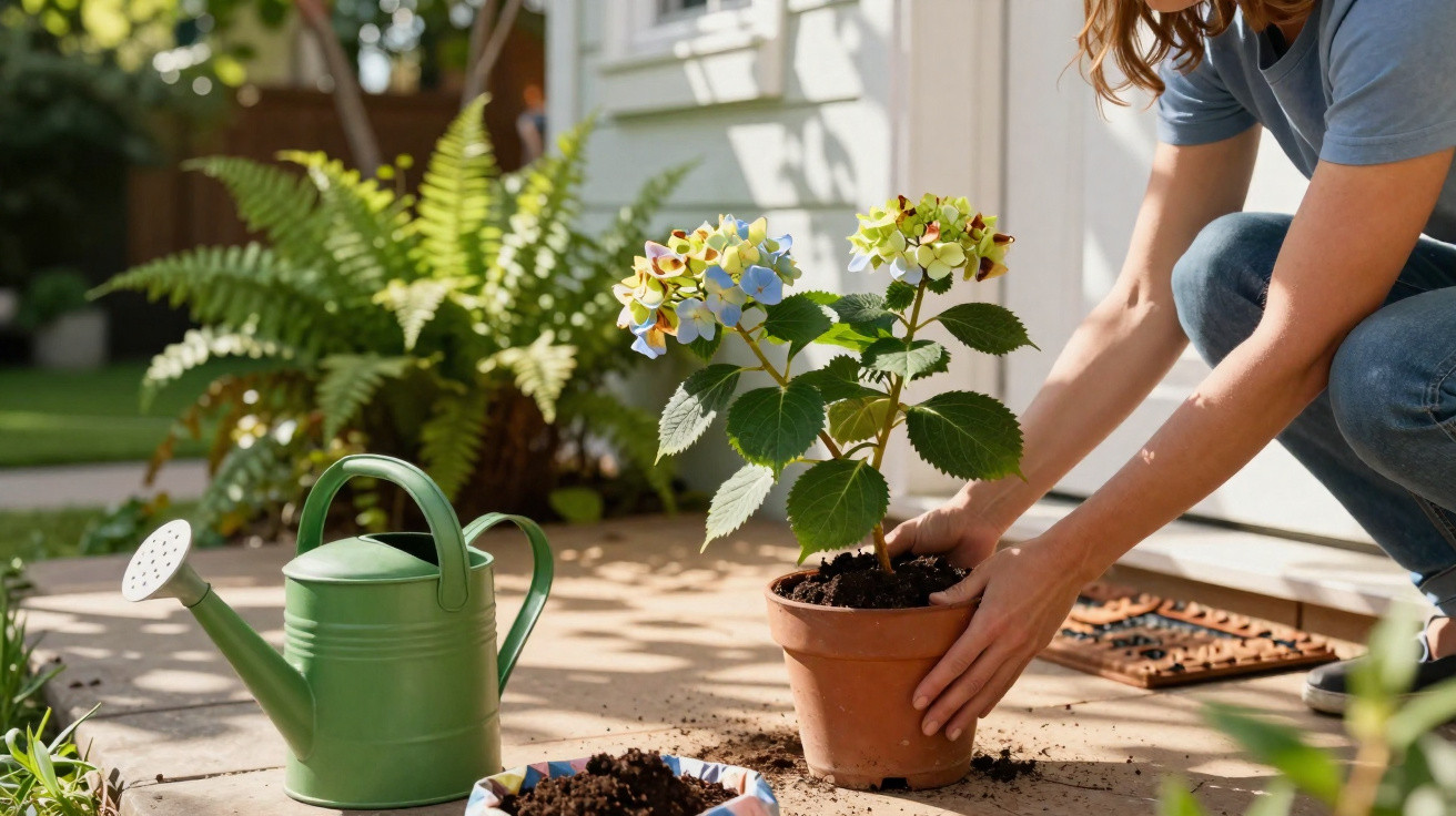 Person planting a flowering hydrangea in a terracotta pot on a sunlit garden patio.