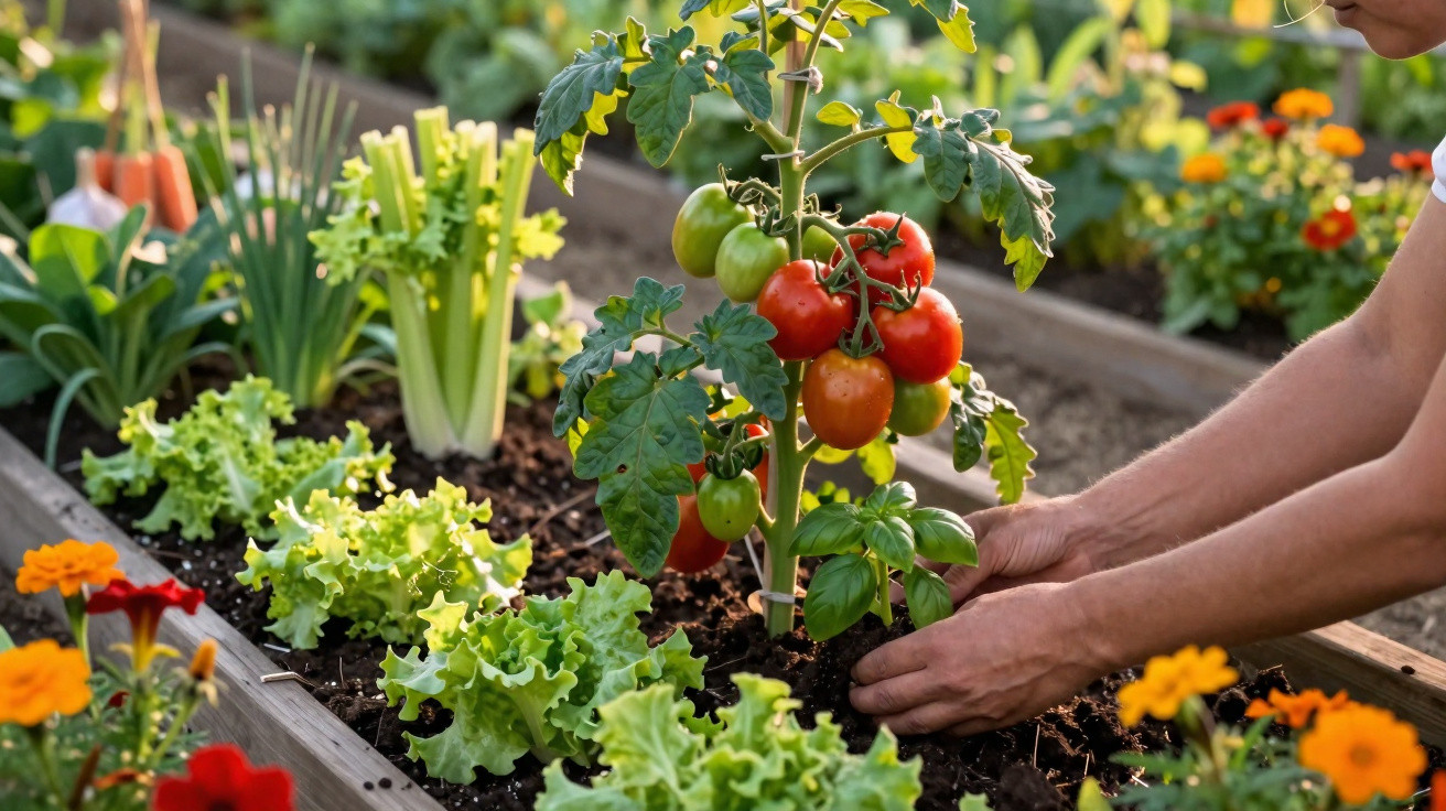 Person planting ripe tomatoes and leafy greens in a raised vegetable garden bed with flowers around.