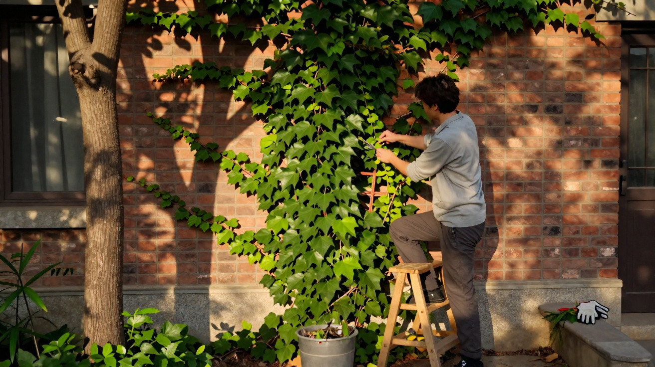Person trimming green ivy growing on a brick wall outdoors in sunlight, standing on a small wooden ladder.