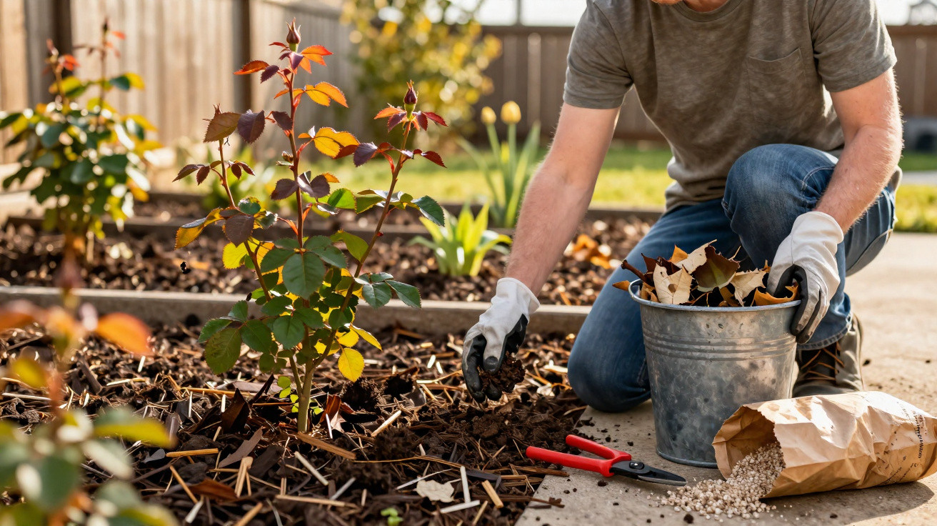 Person wearing gloves gardening, removing weeds and dead leaves around a young rose plant in a garden bed.