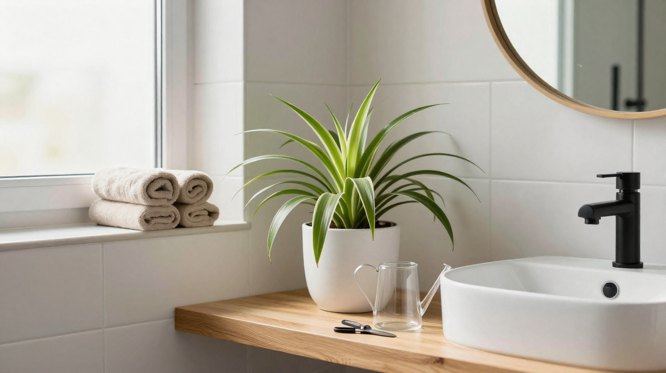Minimalist bathroom shelf with potted plant, glass watering can, scissors, rolled towels, and round mirror above sink.