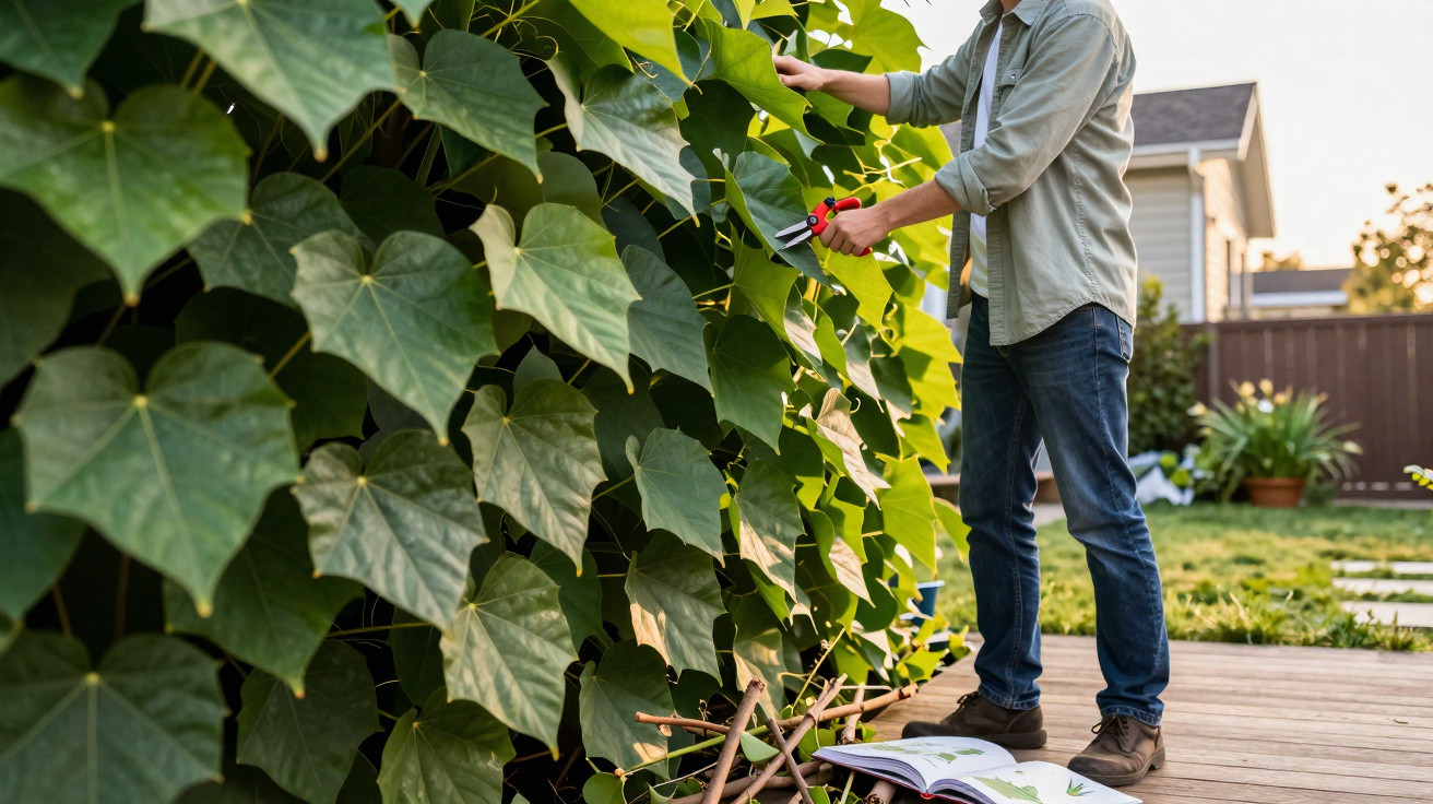 Person pruning large green leafy plants in a garden with gardening book and clippers on wooden deck.