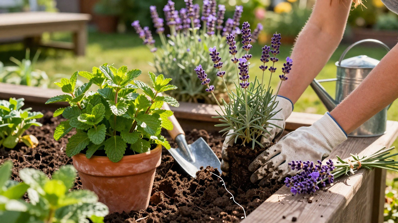 Person planting lavender in a raised garden bed with a terracotta pot of herbs and gardening tools nearby.