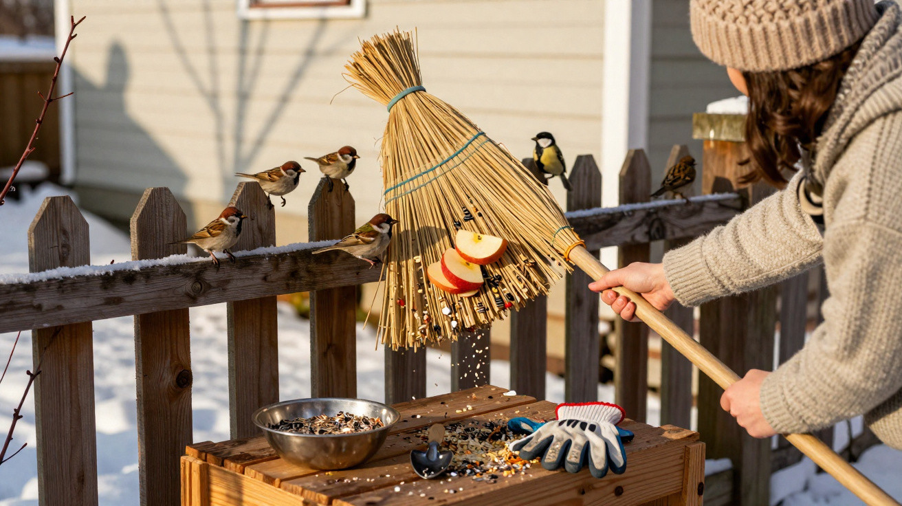 Person feeding small birds with seeds and sliced apples attached to a broom in a snowy garden.
