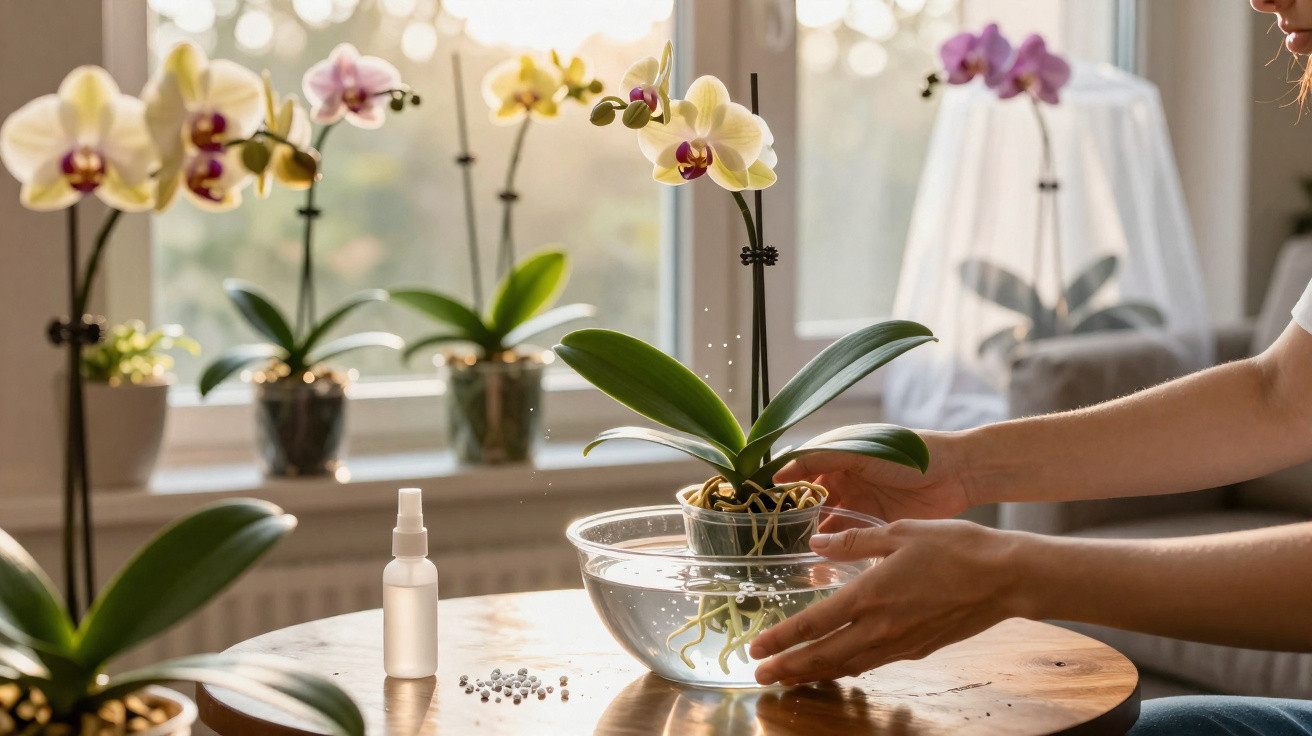 Person soaking orchid roots in a bowl of water with several orchids on a windowsill in natural light.