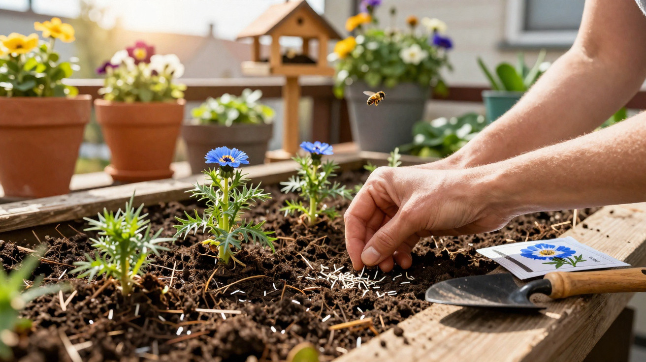 Hand planting blue flower seeds in soil with potted flowers and a bee flying nearby in a garden bed.