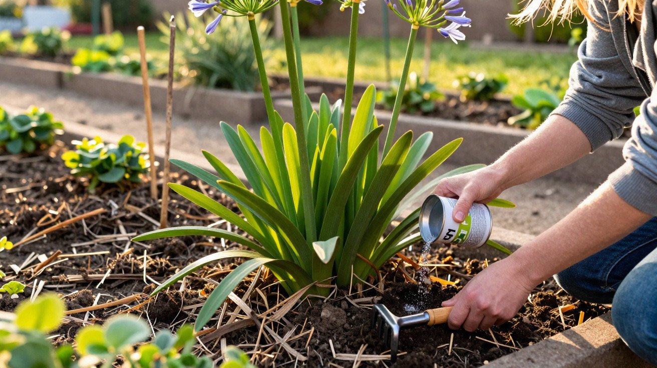 Person pouring liquid from a can onto soil near a flowering plant in a garden bed on a sunny day.