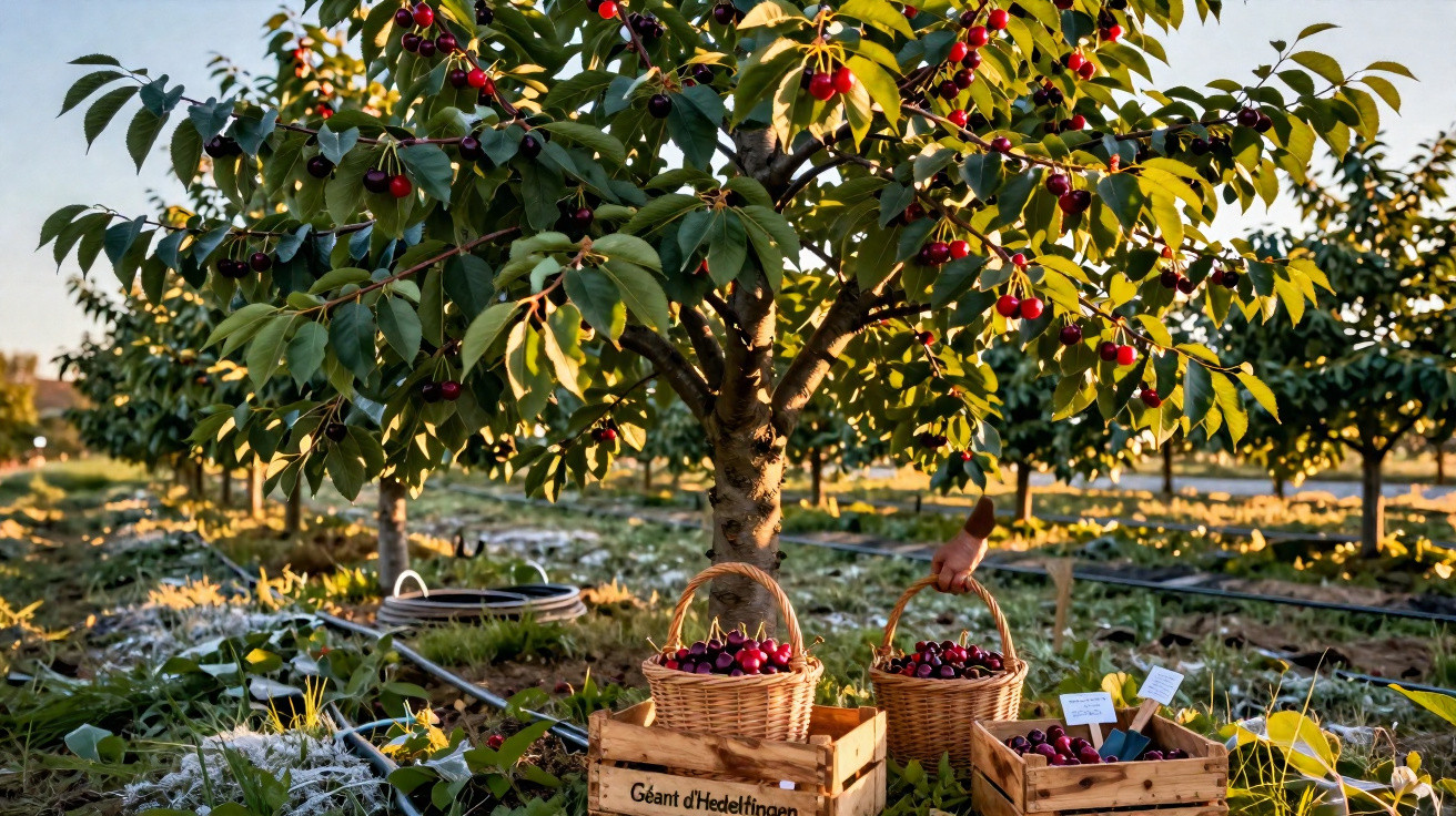 Cherry tree with ripe fruit and baskets filled with freshly picked cherries in an orchard at sunset.